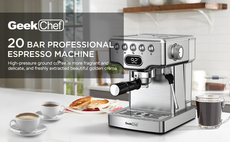 Geek Chef espresso machine on a kitchen counter with coffee cups and pastries.