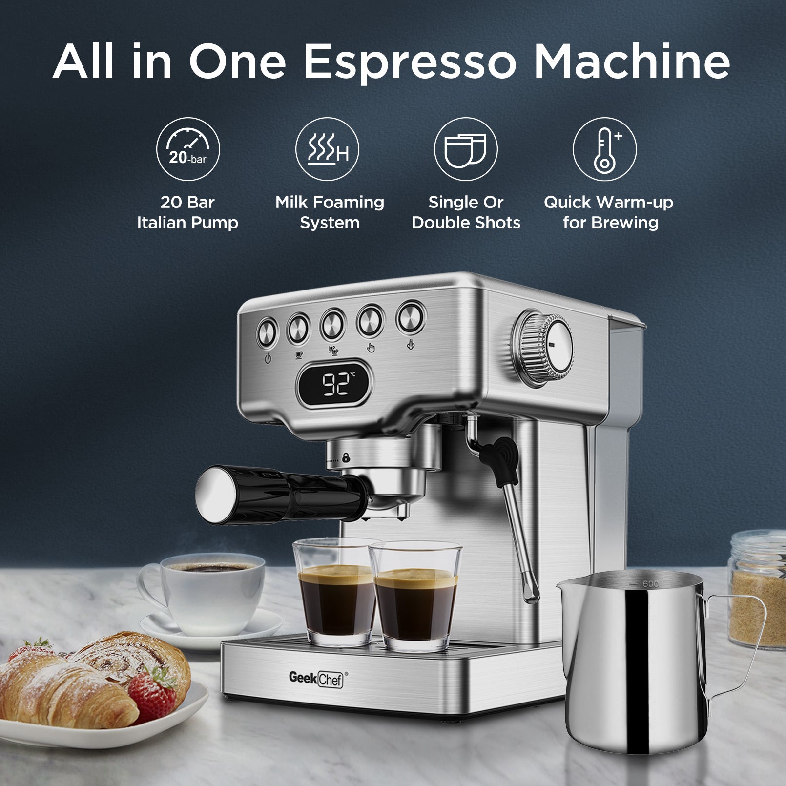 “Geek Chef 20-Bar Espresso Machine with Milk Frother – 1.8L Stainless Steel”