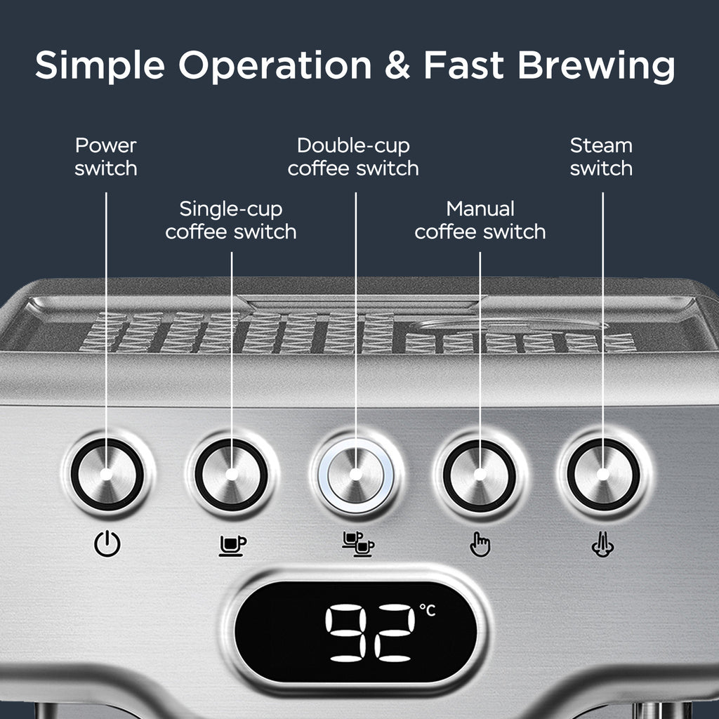 Control panel of a coffee machine with labeled switches and temperature display.