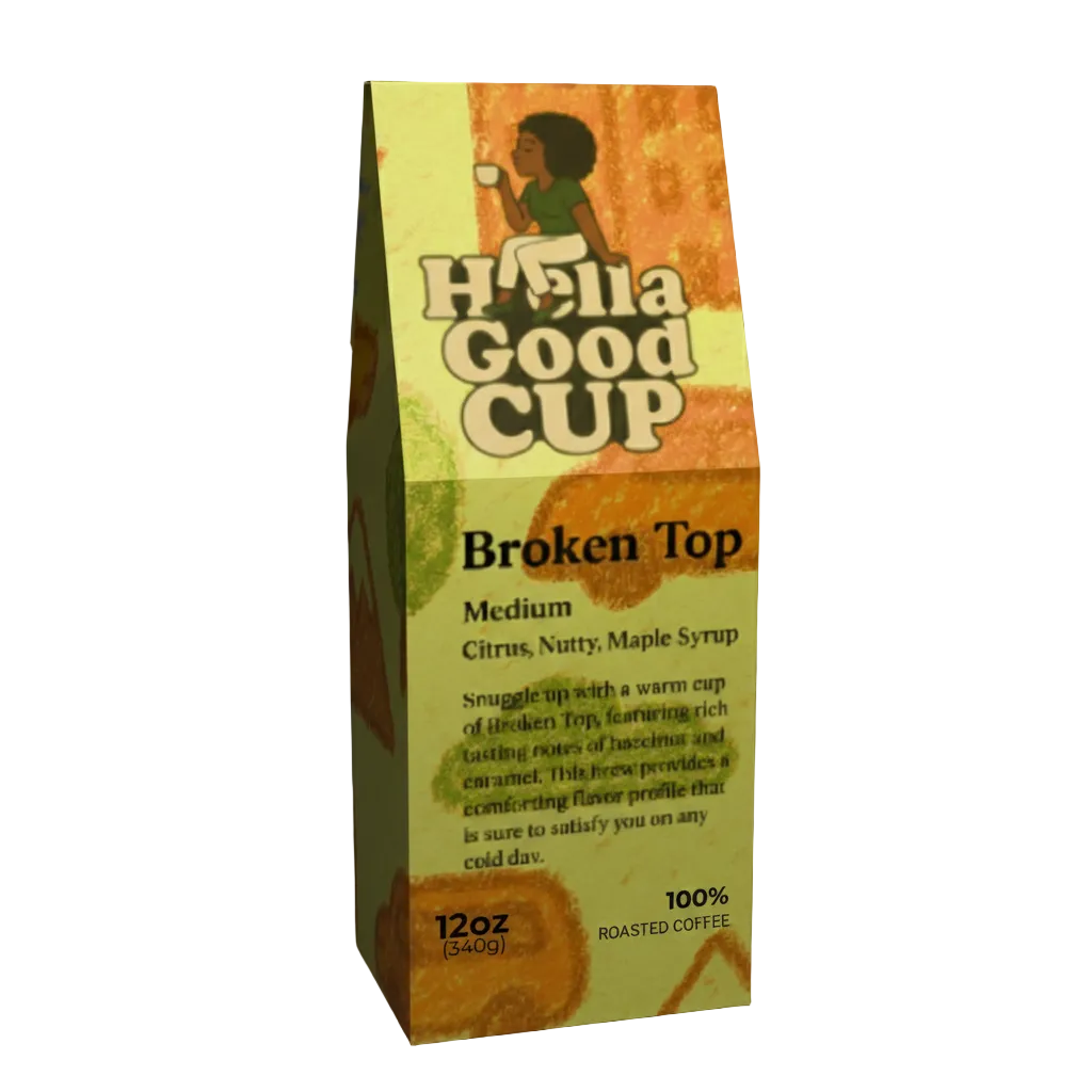 Broken Top medium roast coffee bag by Hella Good Cup