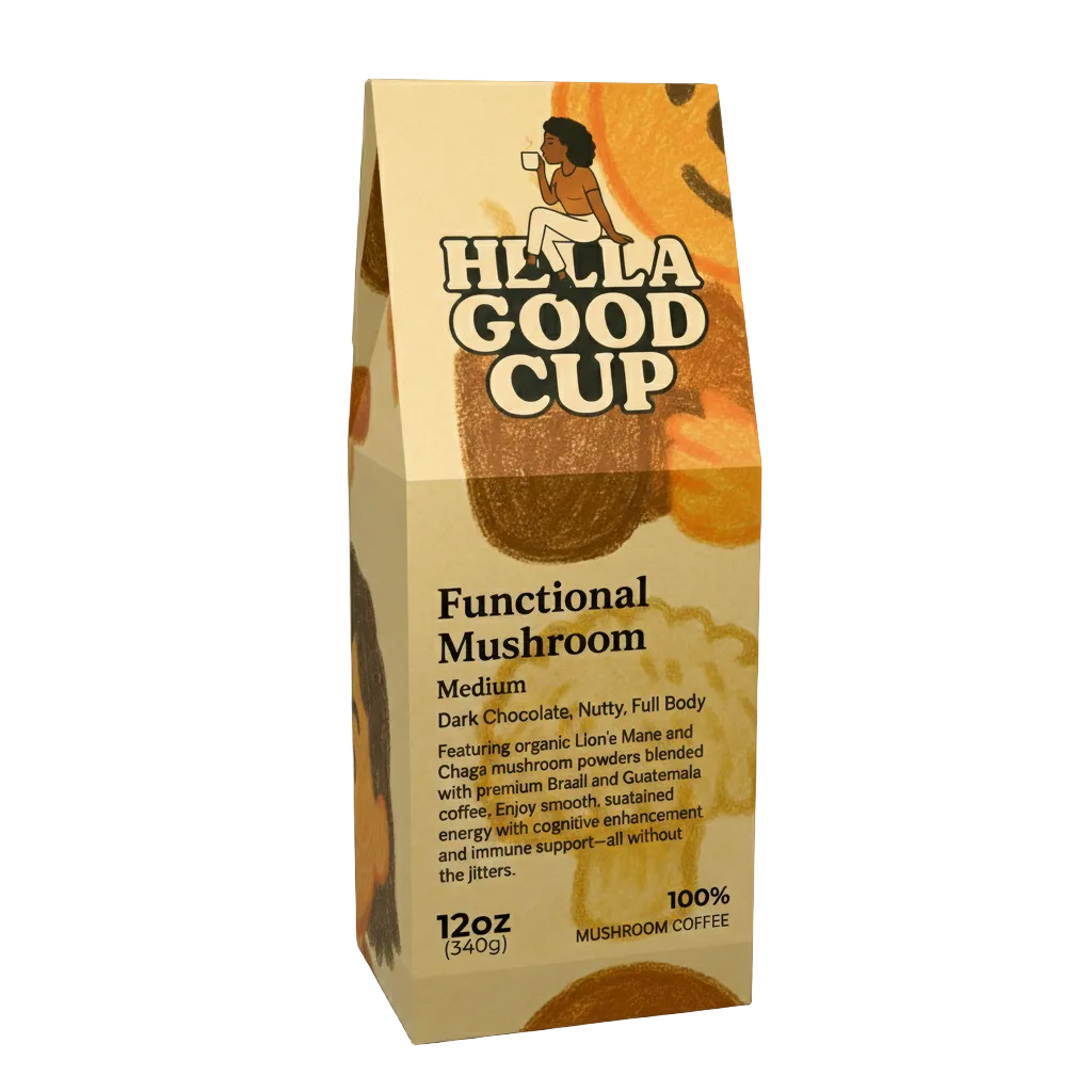 Functional Mushroom coffee blend bag by Hella Good Cup