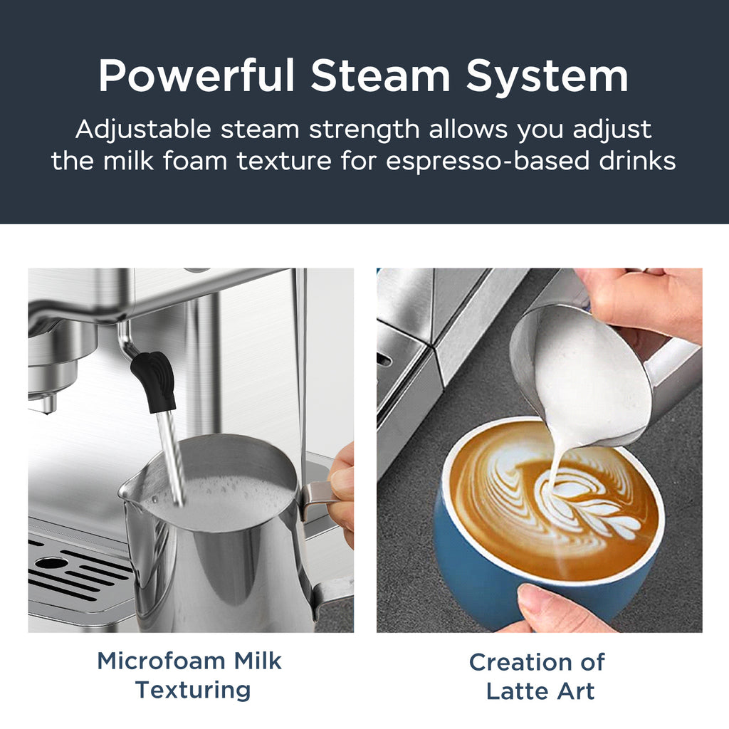 Coffee machine with steam wand being used to texture milk and create latte art.